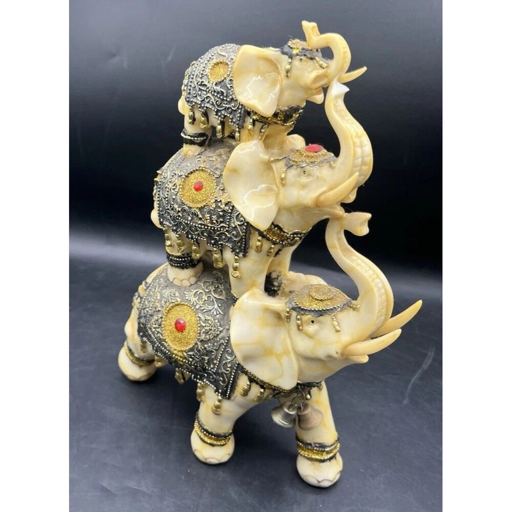 Vintage 3 Stacked Elephant Figurine Statue Trunk Up Good Luck Feng Shui 11”